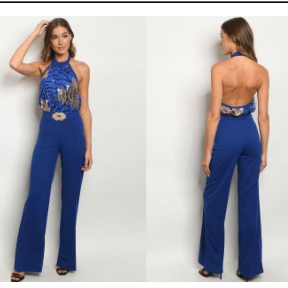 Royal Blue Halter Jumpsuit with Sequin Bodice
